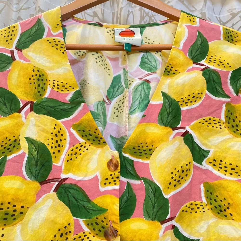 FARM RIO FRESH LEMONS PUFF SLEEVE SHIRT yellow green print balloon button up top - Picture 6 of 10